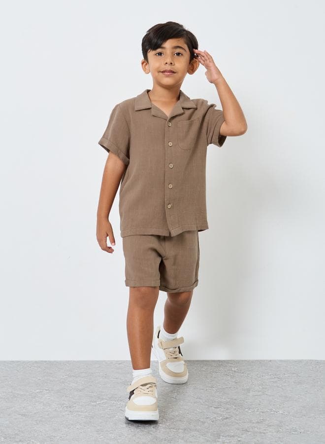 Styli Linen Look Boys Pocket Shirt & Shorts Set - Image 1