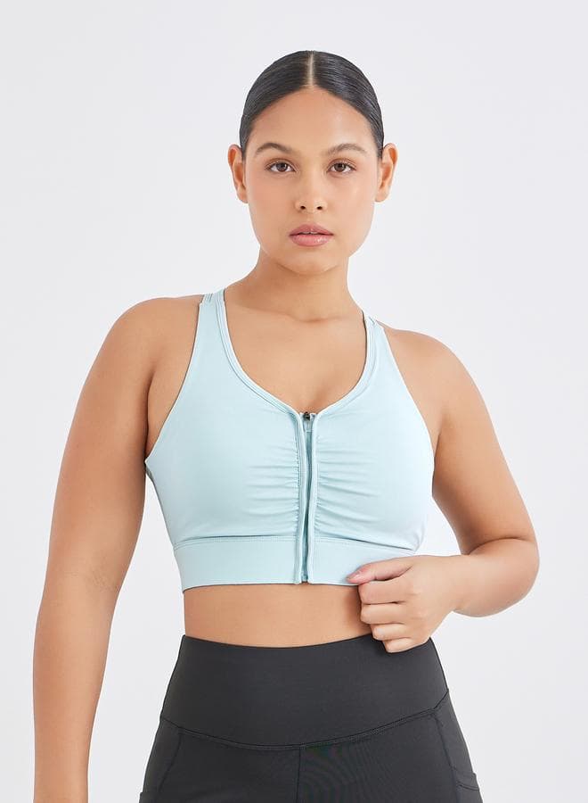 Racerback Zip-Up Peep Front Medium Support Sports Bra - Image 1