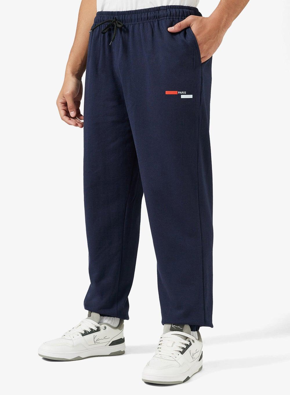 Navy Text Print Elastic Hem Joggers Adnjg162 - Image 1