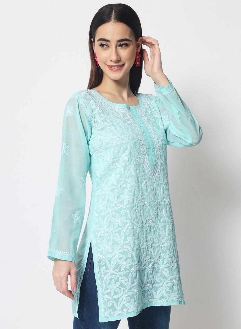 Chikankari Cotton Tunic AL3591 Dark Seagreen Elegance - Image 1