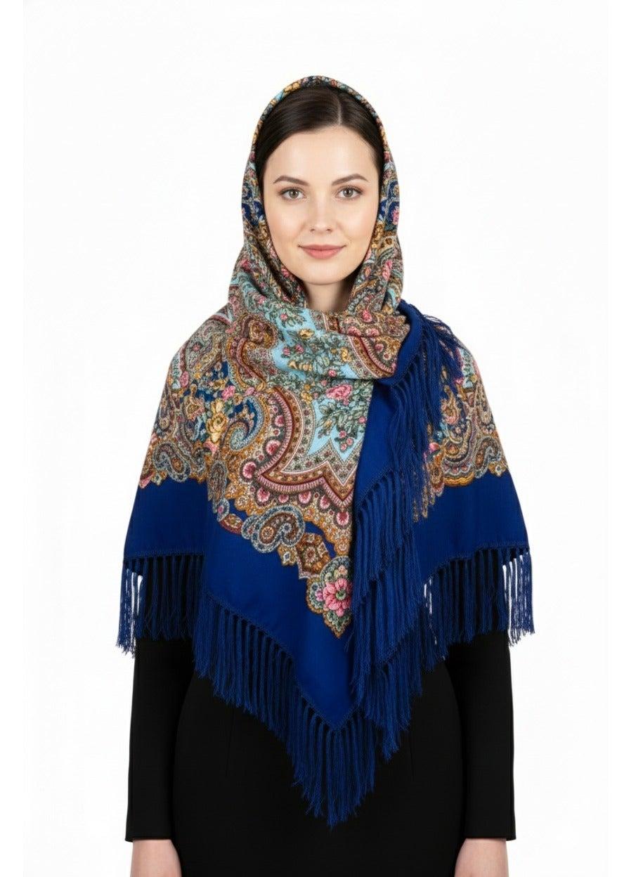 Natalya Cotton Tassel Shawl – Eastern European Blue - Image 1