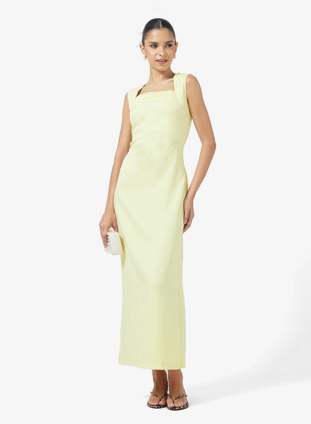 Pale Yellow Square Neck Maxi Bodycon Dress Y250608056 - Image 1