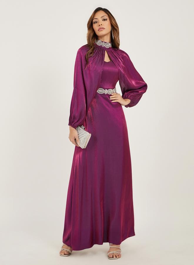 Styli Embellished Satin Maxi Dress with Cape Sleeves 7011790119 - Image 1