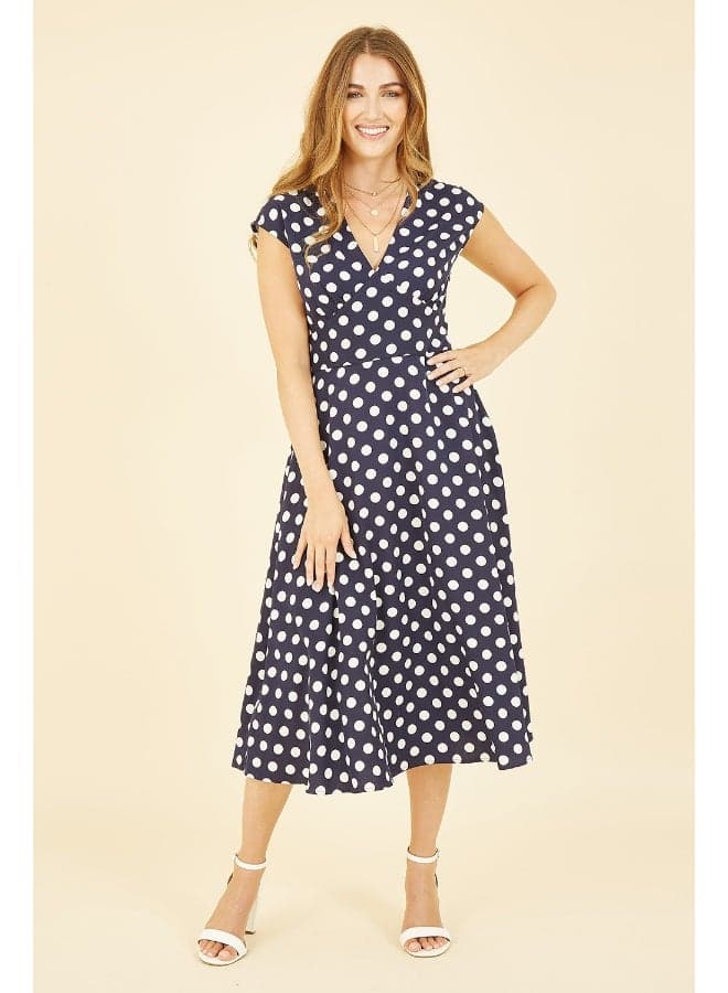 Navy Polka Dot V-Neck Midi Dress - Image 1