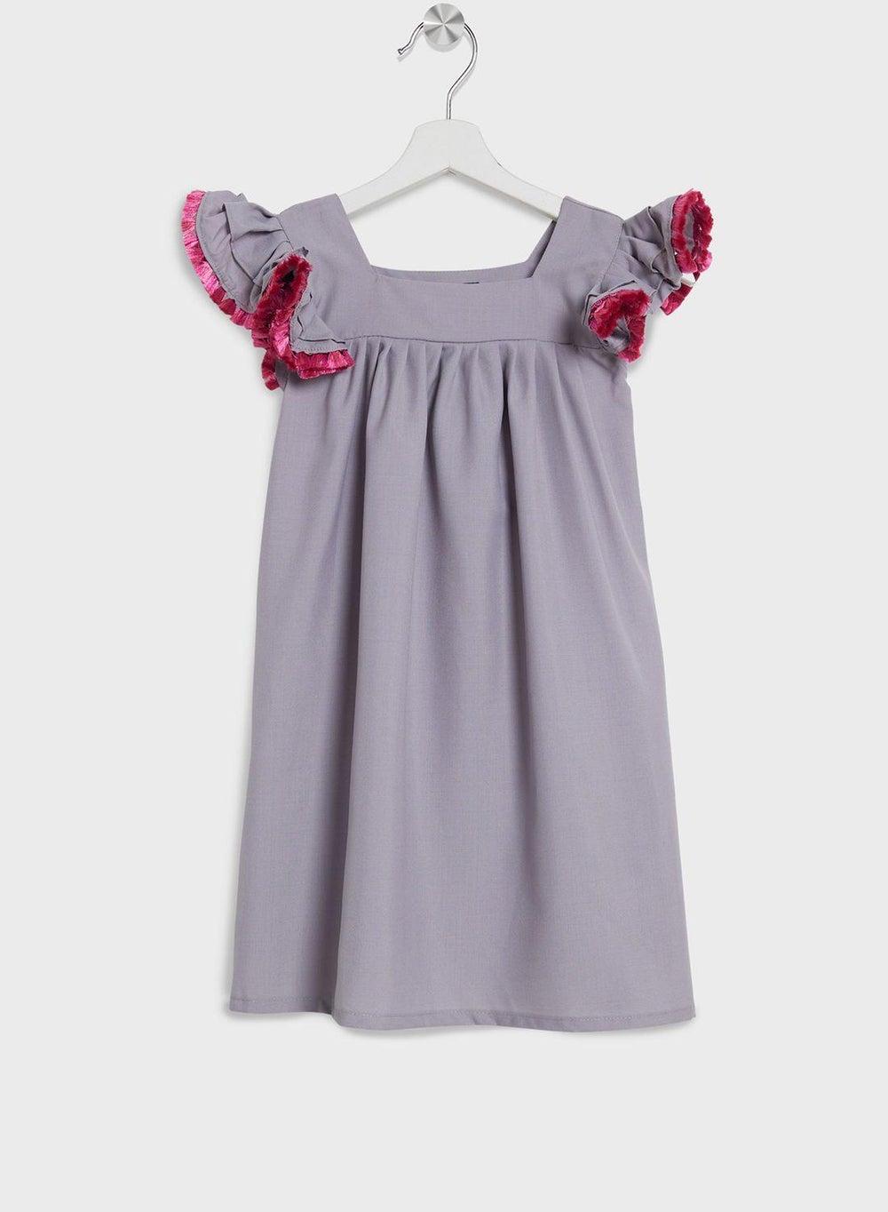 Girls Grey Ruffled Sleeve Square Neck Mini Dress - Image 1