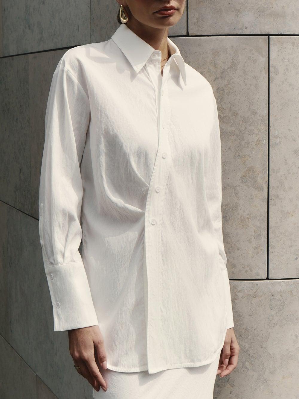 White Pleated Front Loose Shirt with Voluminous Sleeves - Image 1