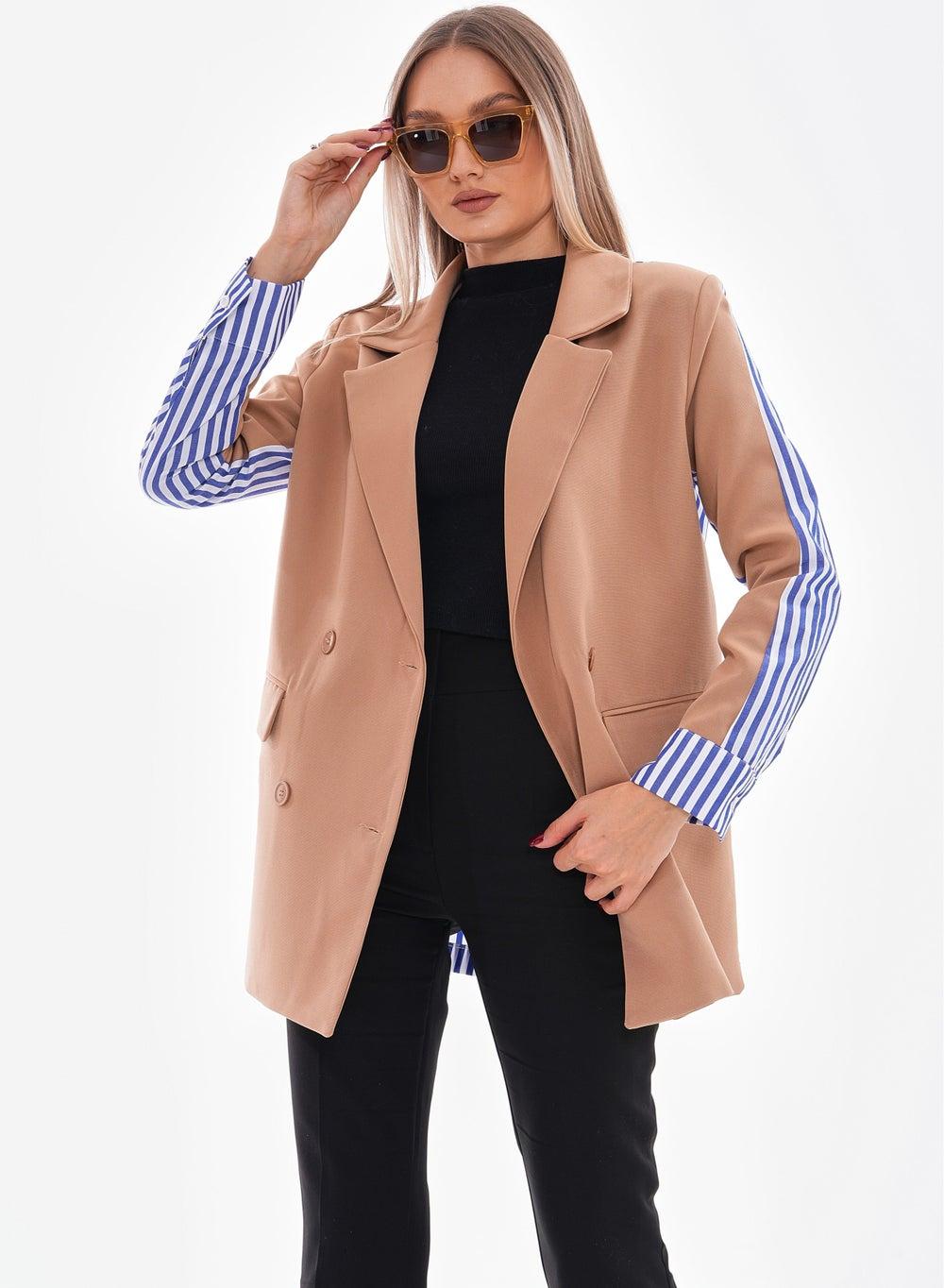 Beige Mixed Fabric Oversized Blazer with Lined Back - Image 1