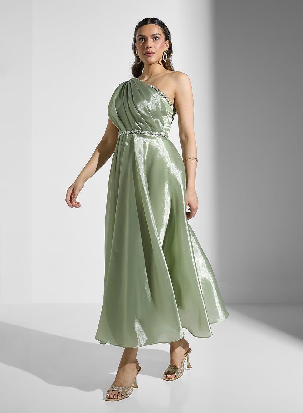 Pistachio Satin One-Shoulder Maxi Dress with Beaded Waist - Image 1