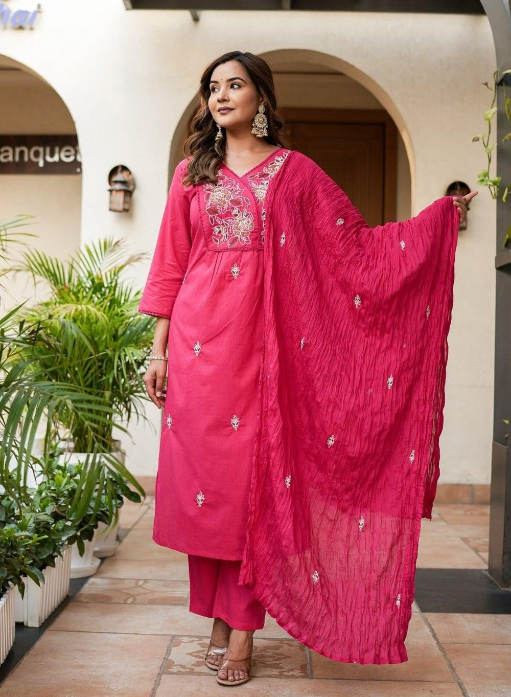 Fuchsia Pink Embroidered 3-Piece Suit Set with Dupatta - Image 1