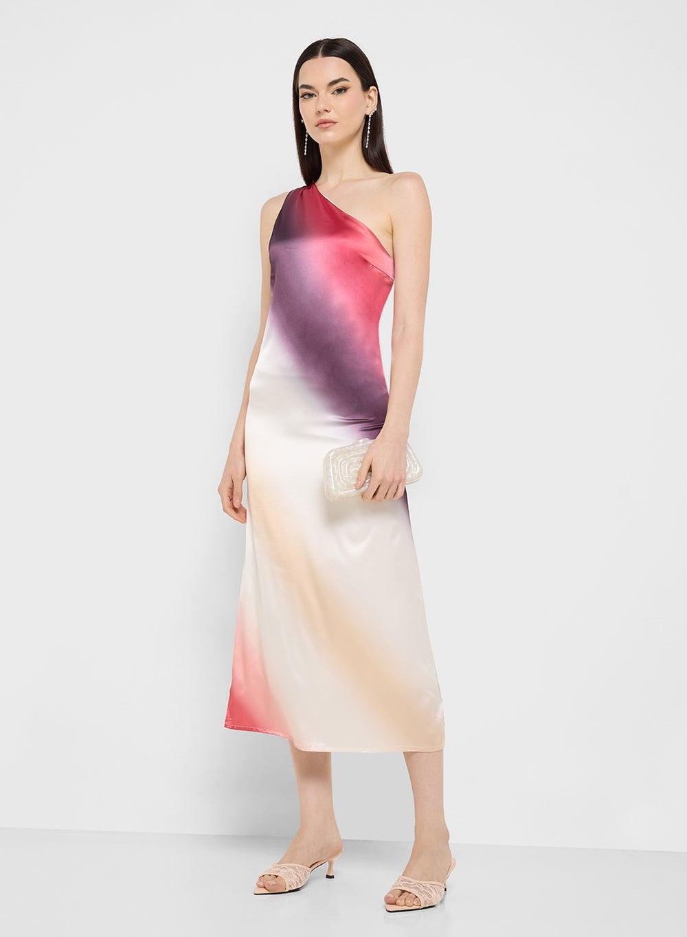 Ombre Satin One-Shoulder Midi Dress 25210 112 - Image 1