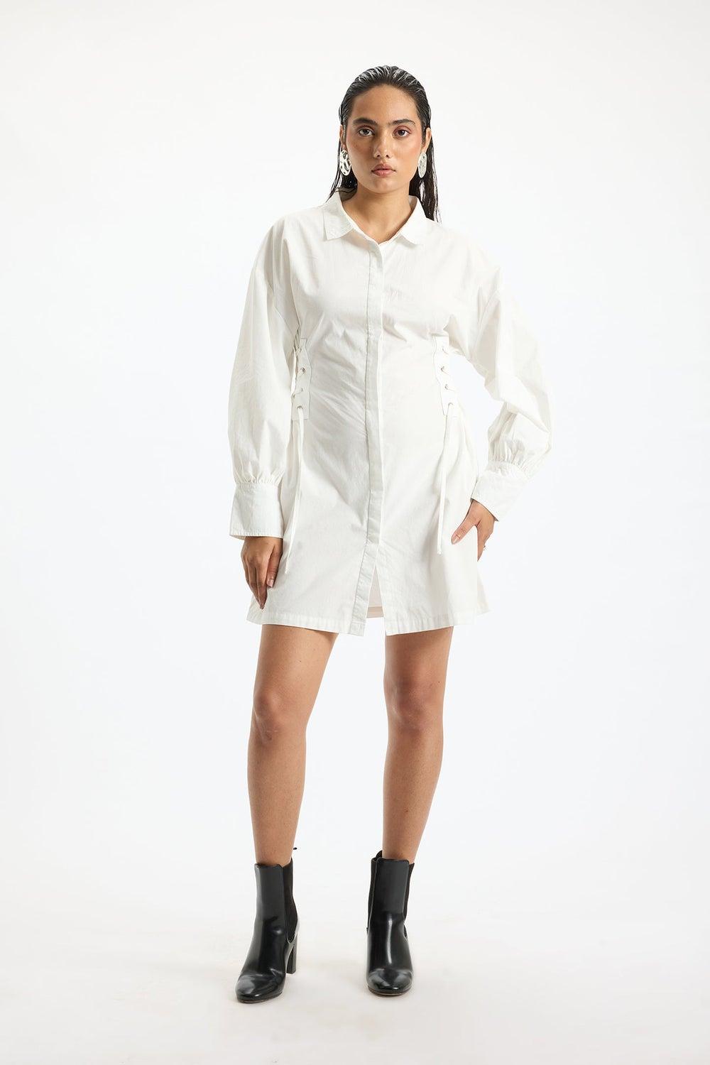 White Lace-Up Shirt Mini Dress 62044200 - Image 1