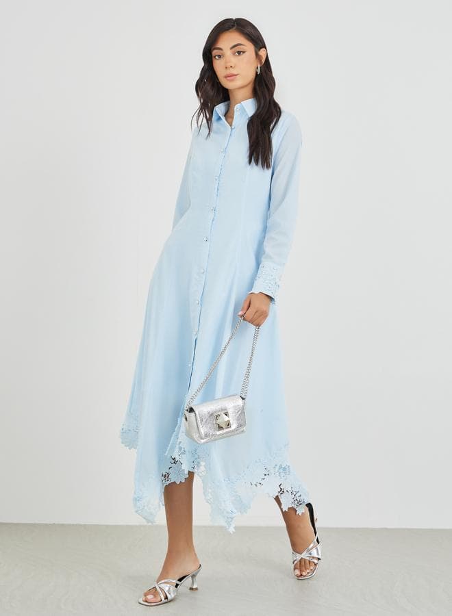 Sky Blue Lace Insert Midi Shirt Dress - Image 1