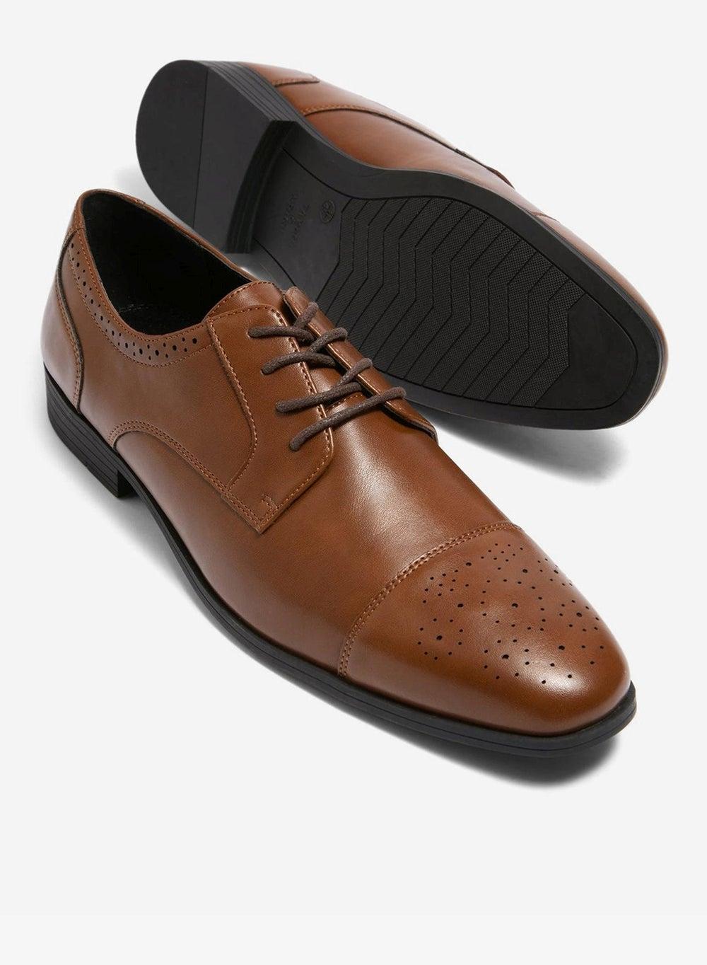 Tan Faux Leather Brogue Lace-Up Shoes - Image 1