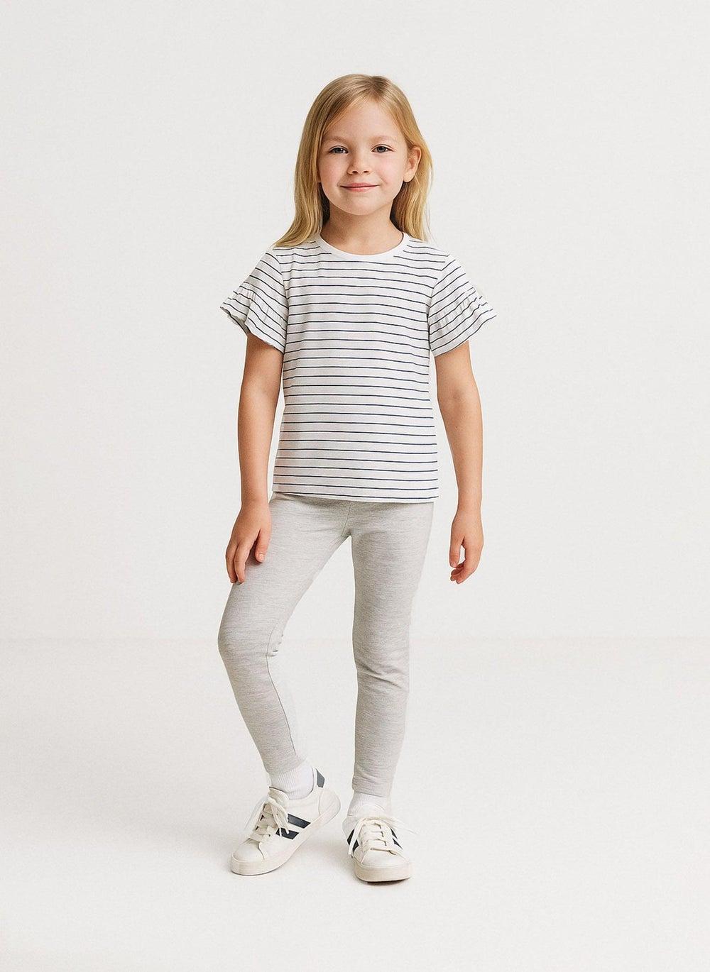 Girls Blue Striped Crew T-Shirt with Frill Sleeves Cotton - Image 1