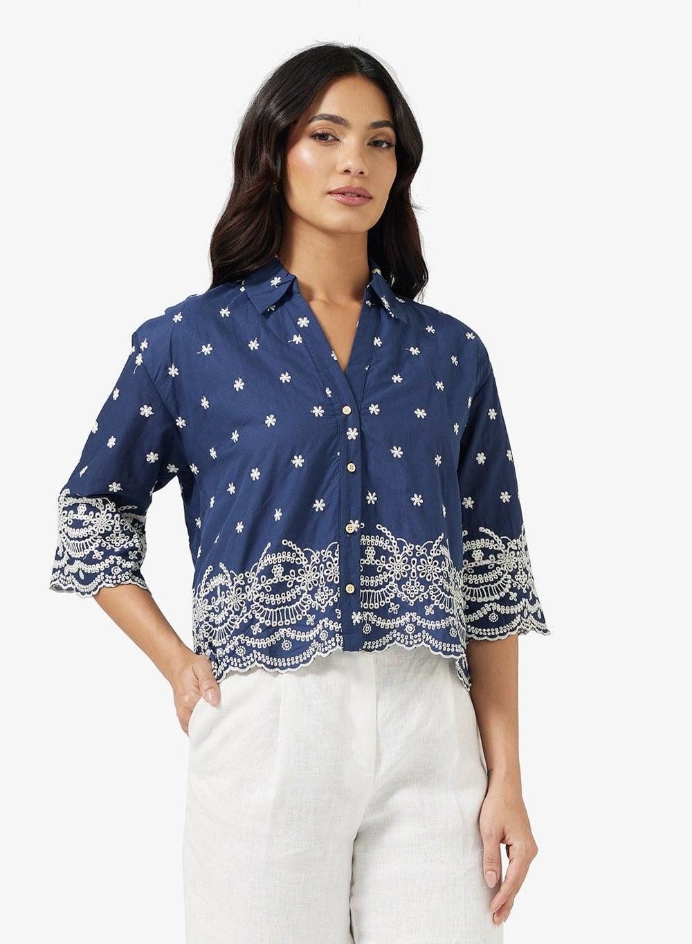 Scallop Hem Floral Embroidered Blue Shirt Vt4825 - Image 1