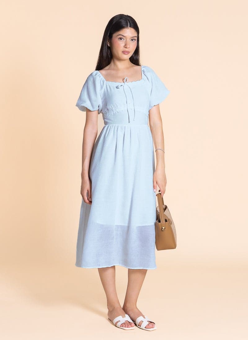 Light Blue Embroidered Midi Dress – Square Neck Fit & Flare - Image 1