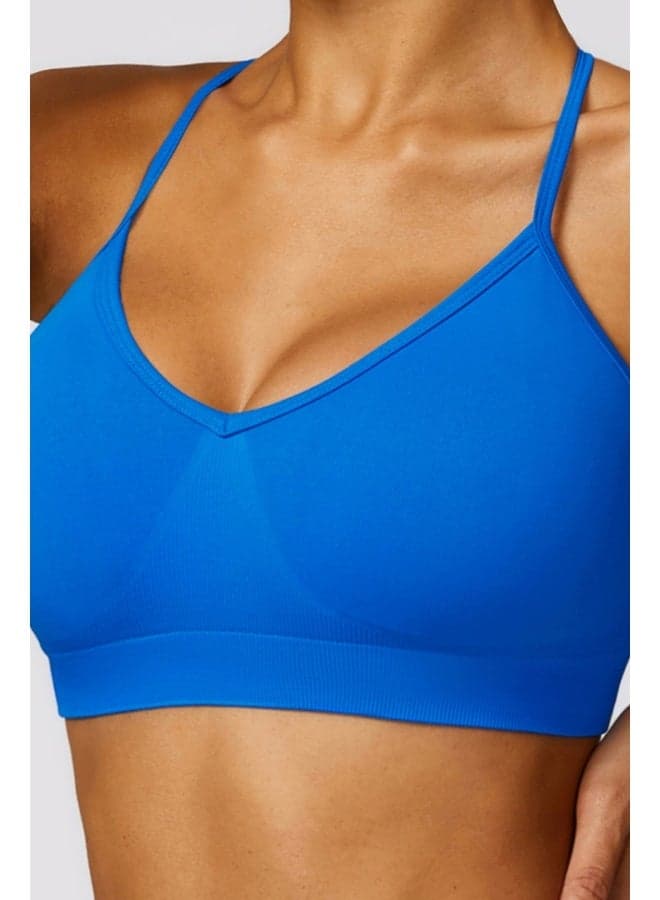 KAWN Yoga Cross Back Sports Bra Blue Padded Low Impact - Image 1