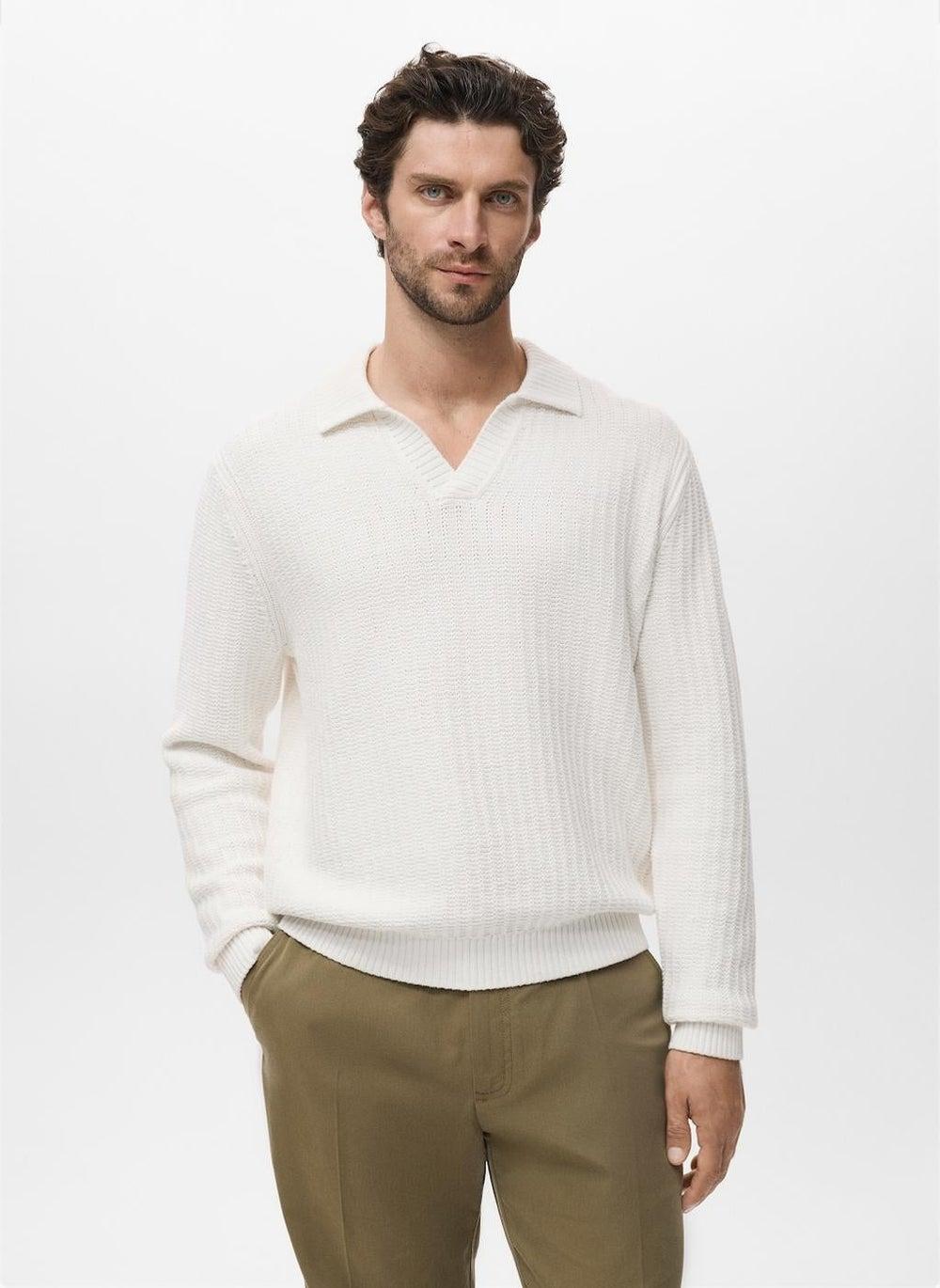 Structured Knitted Polo Sweater 02-Offwhite - Image 1