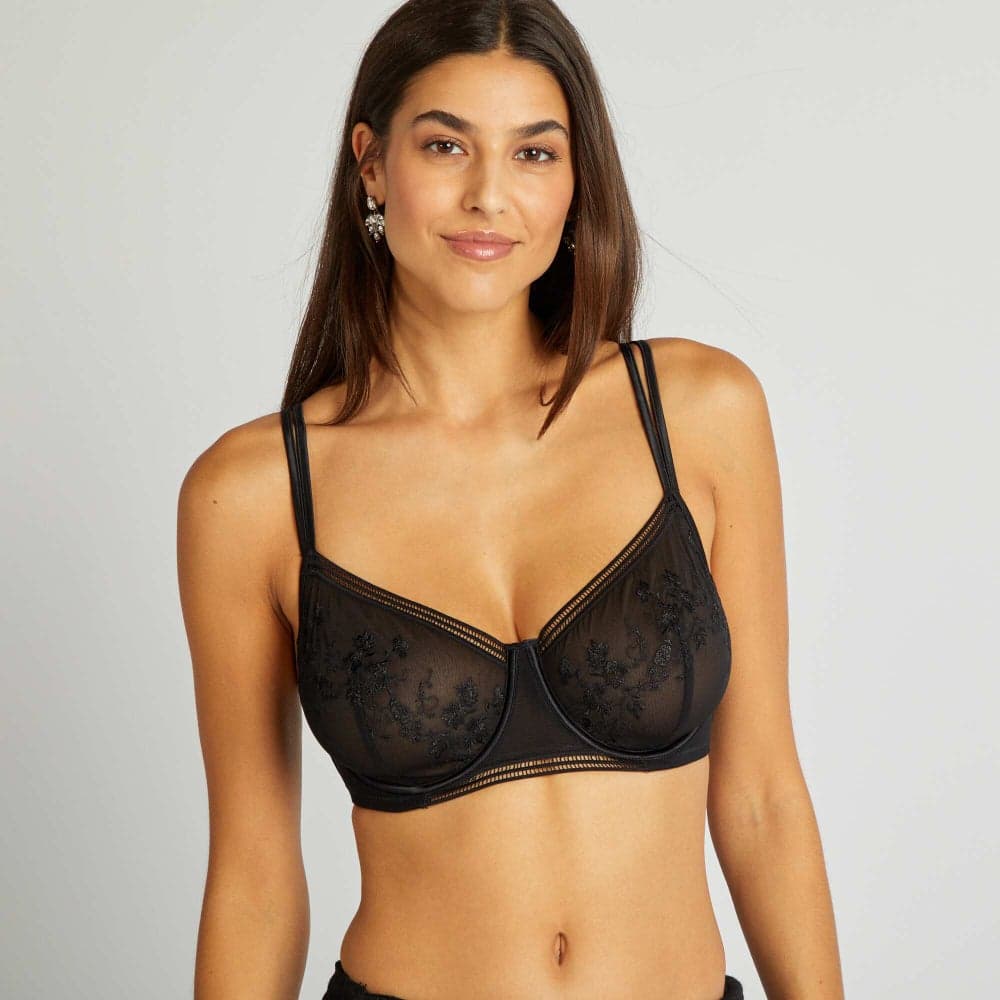 Black Embroidered Mesh Demi-Cup Bra D & E Cups - Image 1