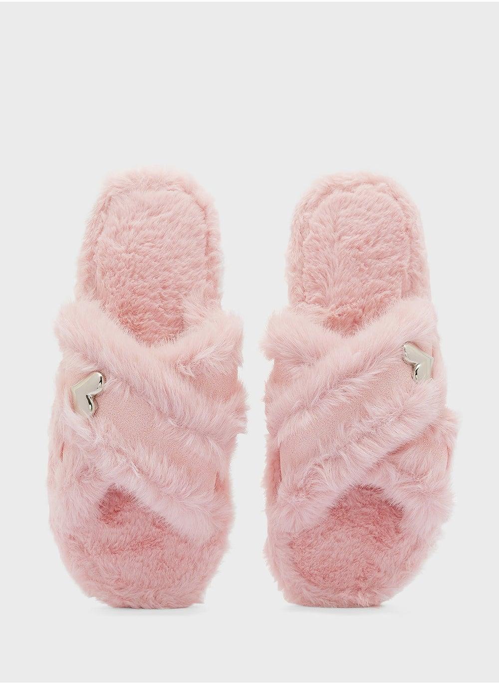 Heart Trim Crossover Fluffy Pink Bedroom Slippers Mf6168 - Image 1