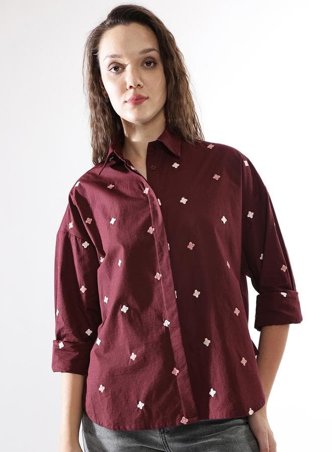 Women’s Wine Embroidered Poplin Oversized Shirt - Image 1