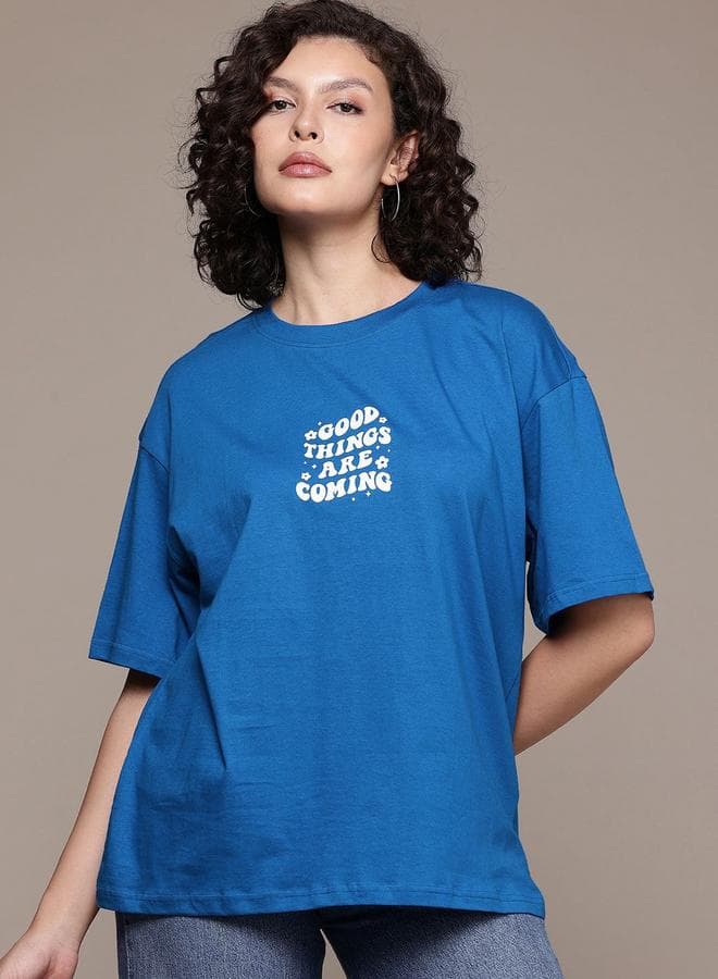 Freehand Blue Oversized Graphic Cotton T-Shirt Women - Image 1