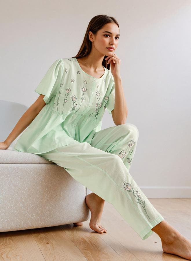 Green Embroidered Cotton Blend Pyjama Set - Image 1