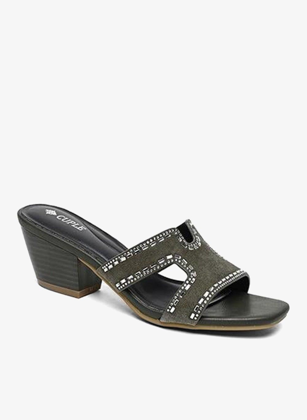 Olive Green Crystal Mule Mid Heel Sandal - Image 1