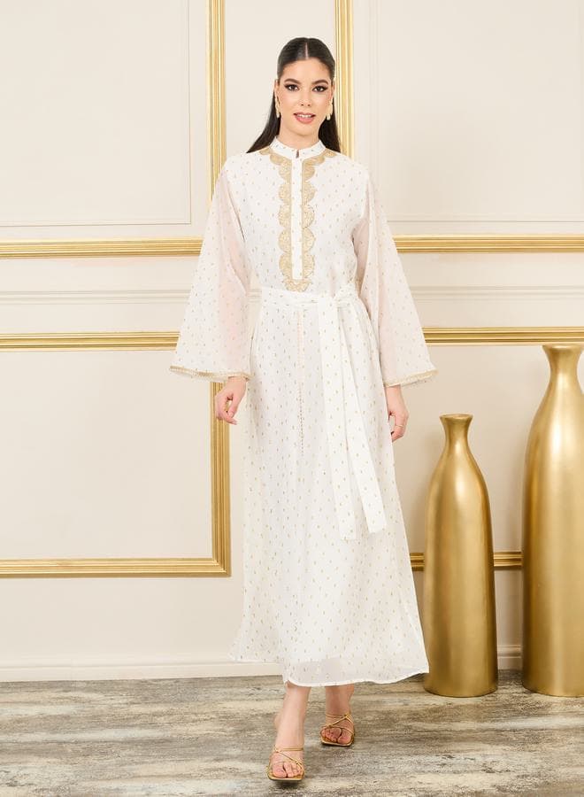 Styli Dobby Lace Embroidered Collared Kaftan 7007046624 - Image 1