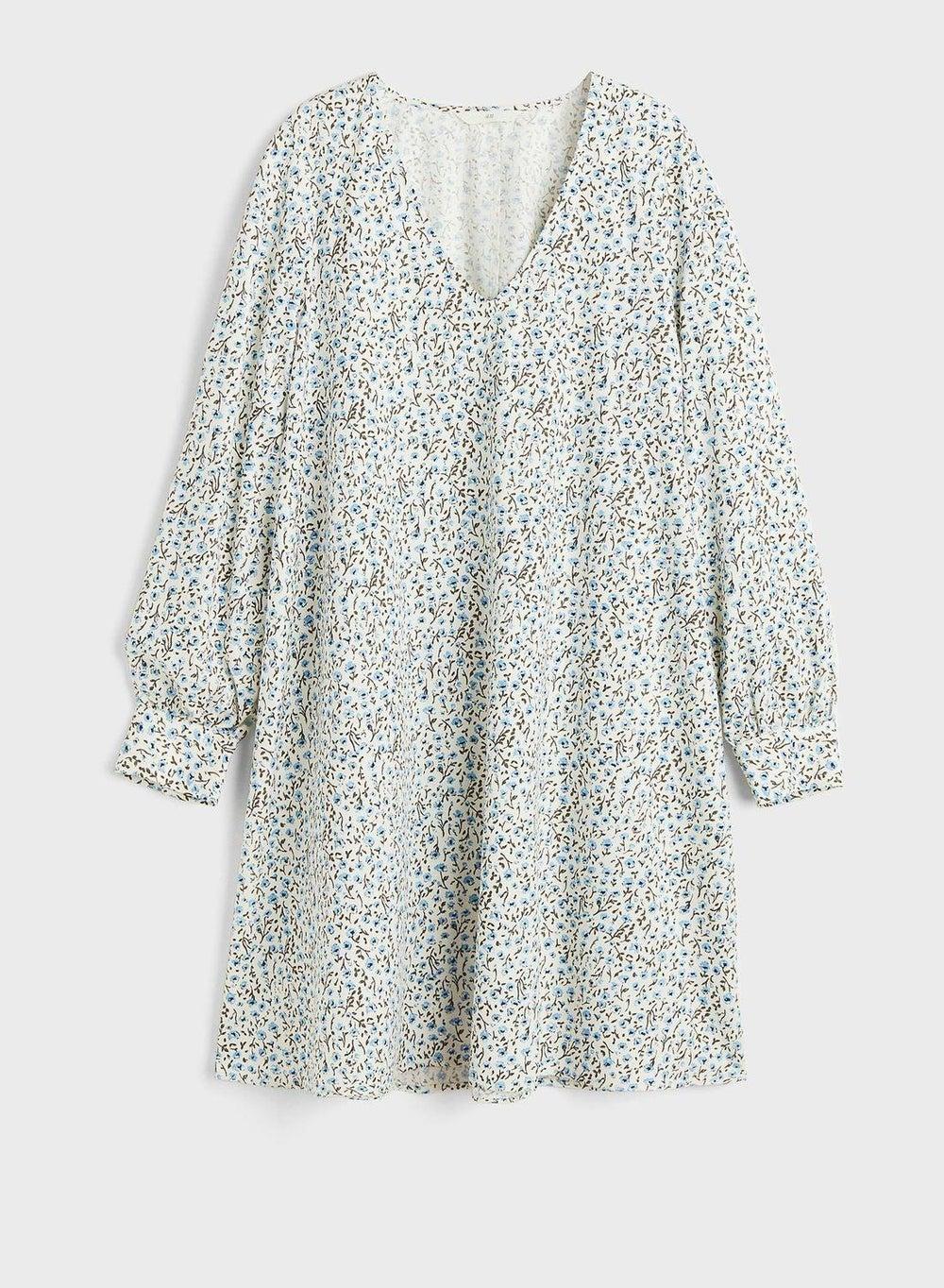 White Blue Floral V-Neck Midi Shift Dress - Image 1