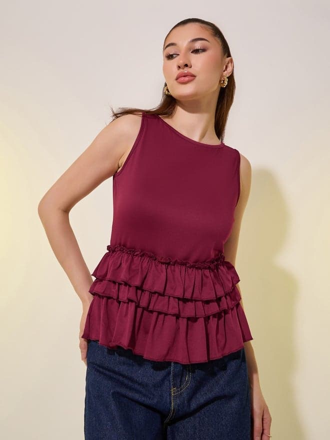 Red Solid Ruffled Hem Sleeveless Cami Top - Image 1
