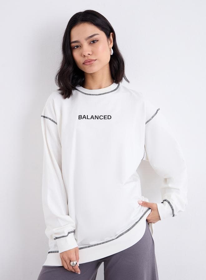 Styli Off White Longline Embroidered Slogan Sweatshirt - Image 1
