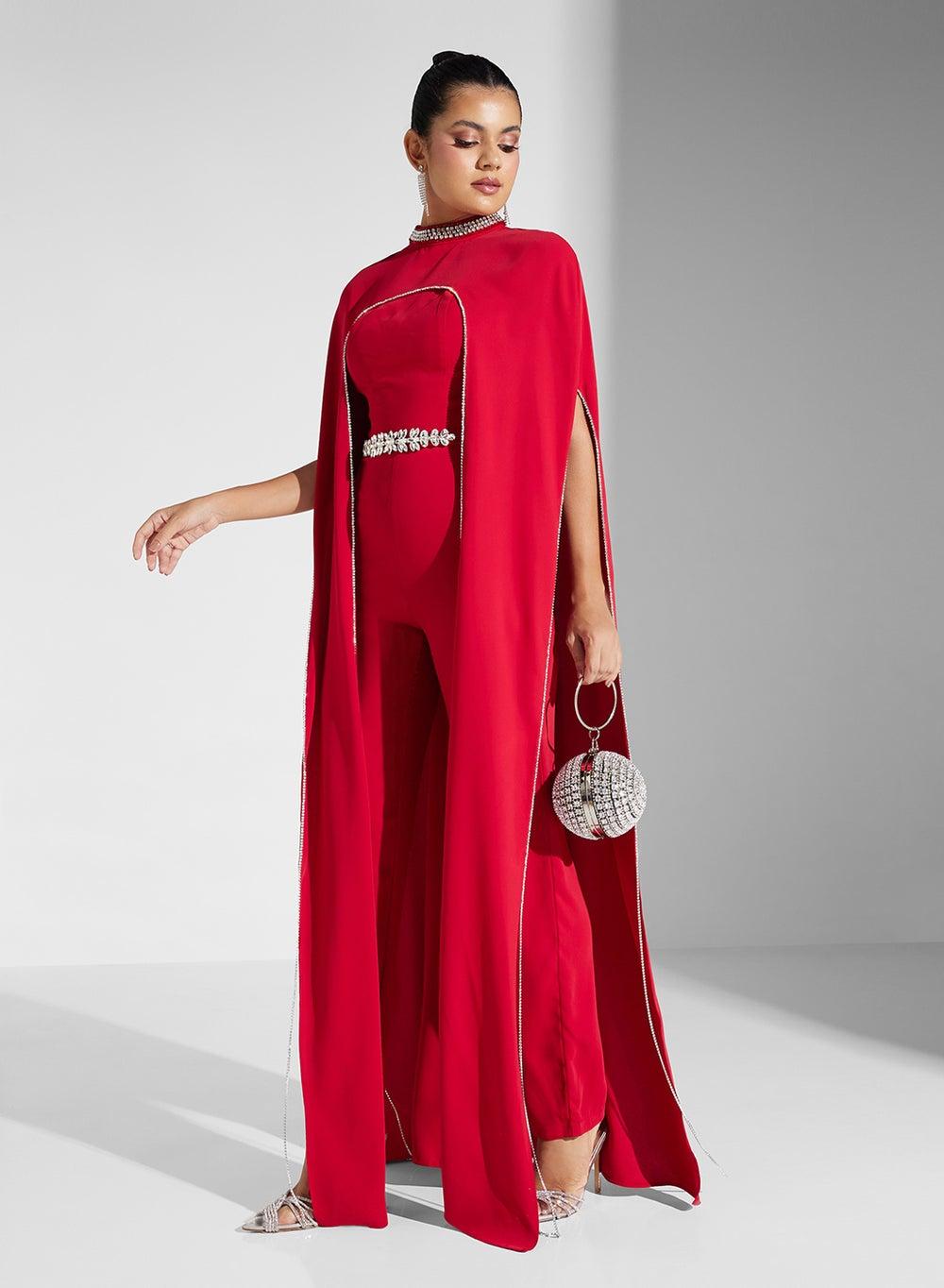 Crystal Cape Evening Jumpsuit – High Neck Elegance - Image 1
