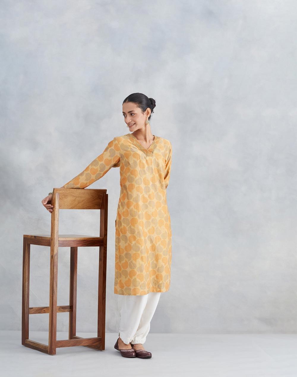 Mustard Cotton Silk Printed V-Neck Kurta - Image 1