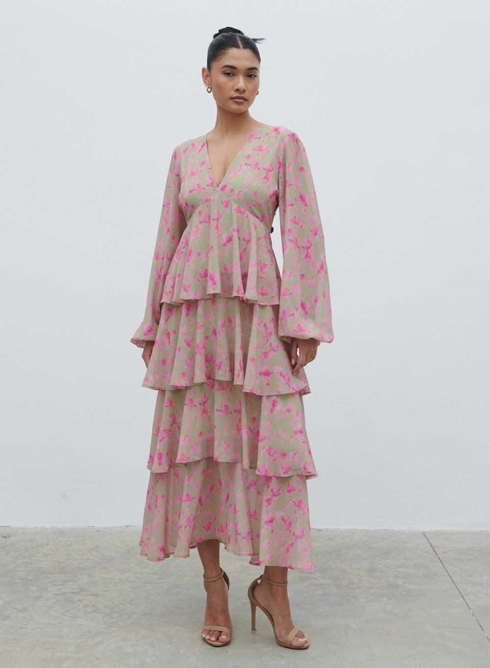 Sage Floral Tiered Midi Dress Ashdreoaf - Image 1
