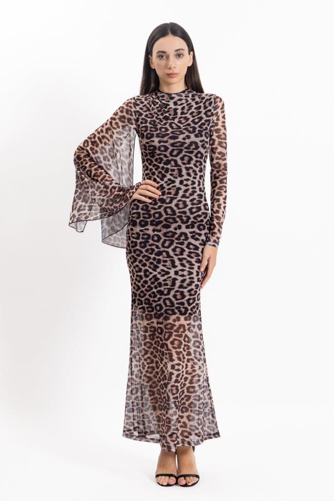Leopard Print Maxi Dress High Neck Chiffon Sleeve Detail - Image 1