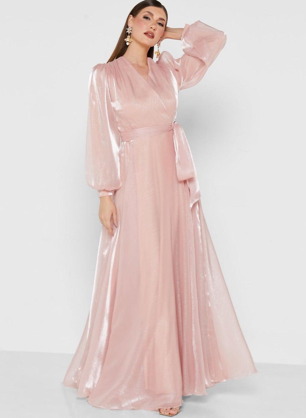 Shimmering Light Pink Wrap Maxi Dress Cr28134 - Image 1