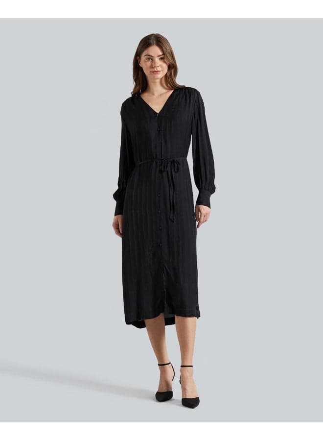 Black Belted Striped Midi Shirt Dress - Image 1
