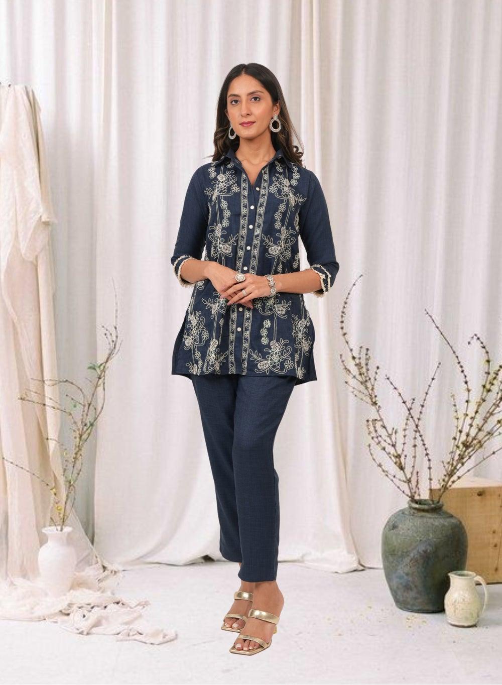 Navy Blue Embroidered Cotton Linen Kurta Pant Set - Image 1