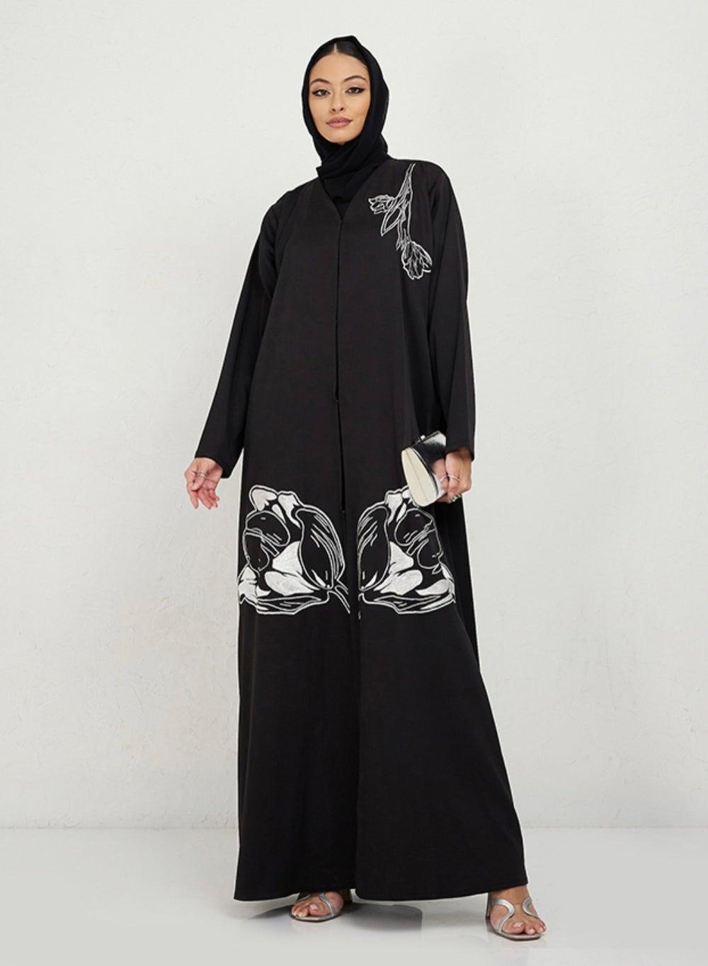 Black Abaya with White Foliage Embroidery 52 Inch - Image 1