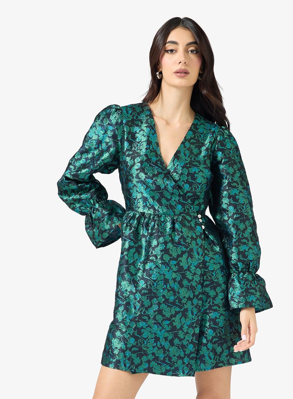 Green Floral Wrap Mini Dress 26038962 - Image 1