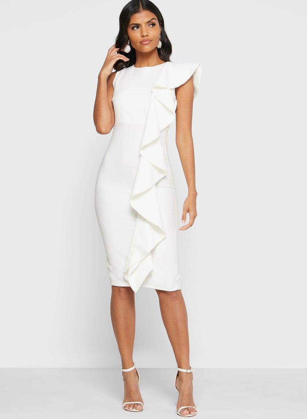 Ivory Ruffled Bodycon Midi Dress Qn05012120 - Image 1