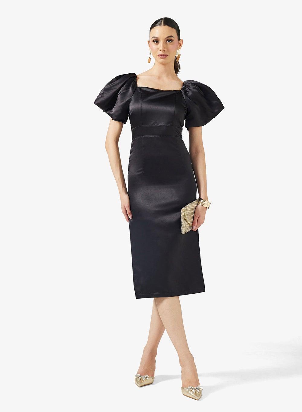 Black Puff Sleeve Midi Dress Klhu172 Square Neck - Image 1