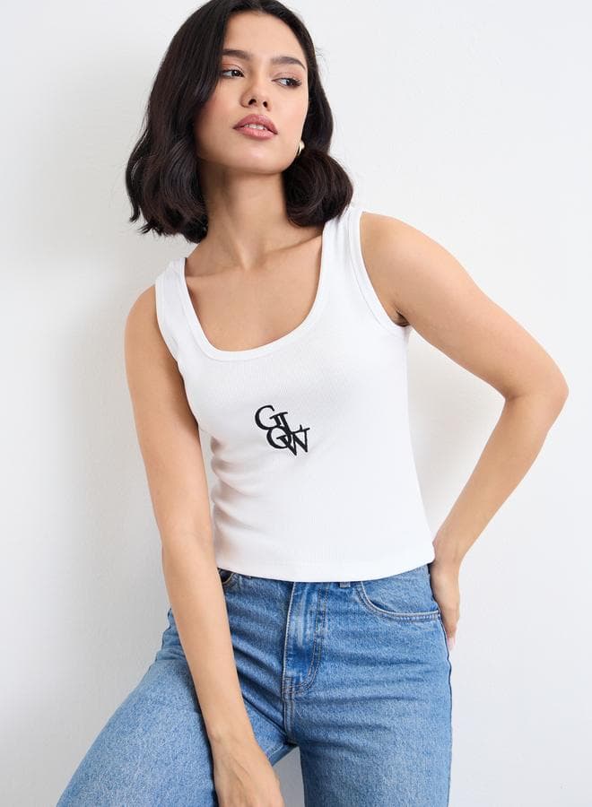White Ribbed Scoop Neck Tank with Embroidered Accent - Image 1