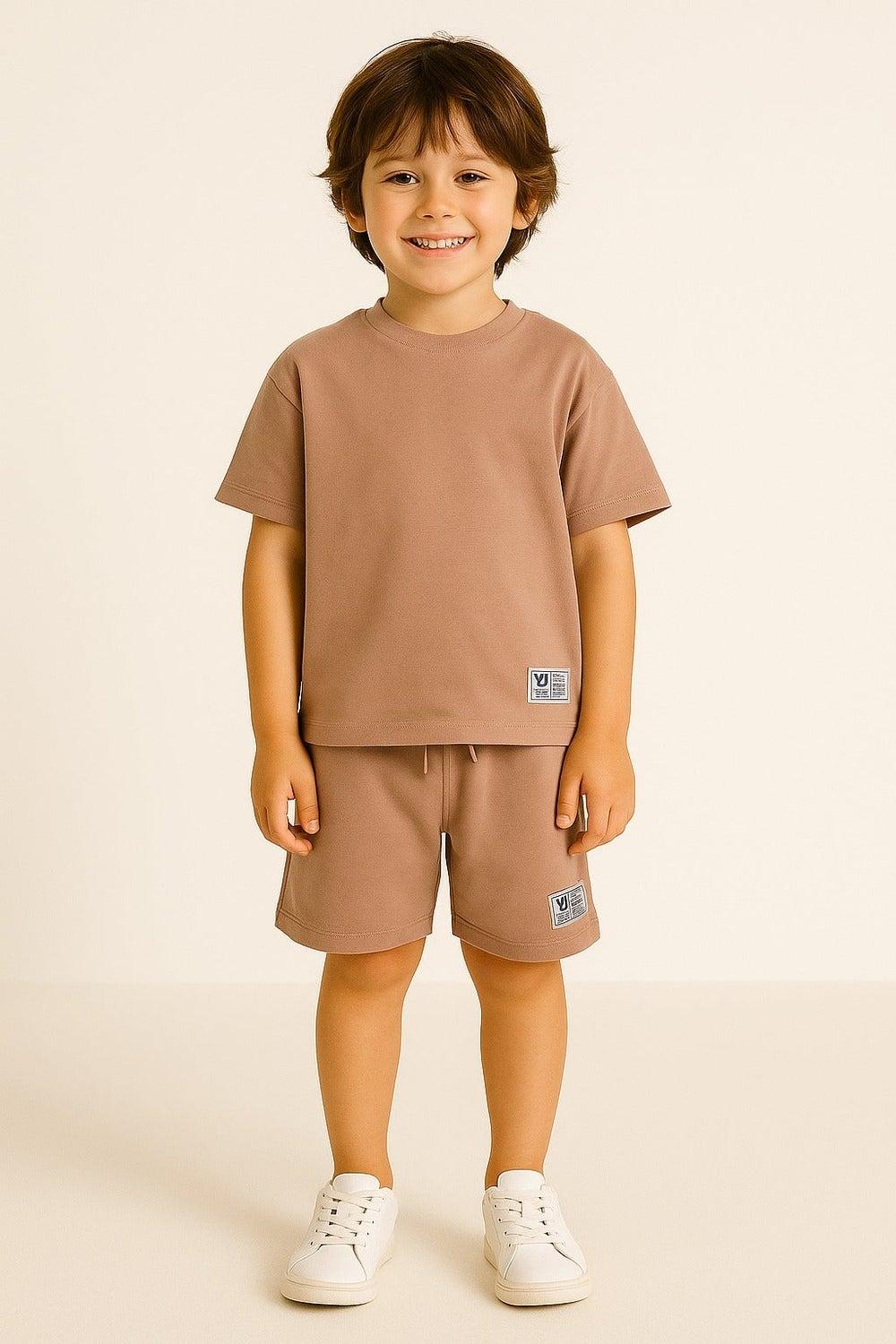 Boys Cotton Interlock Tee & Shorts Set Khaki - Image 1