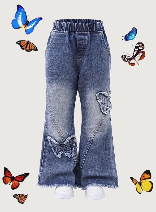 Girls Butterfly Patchwork Elastic Waist Flared Jeans - Image 1