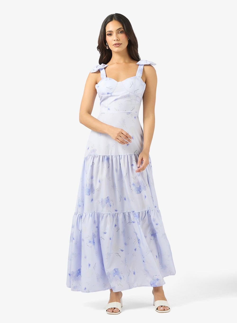 Light Blue Floral Maxi Dress Clt256000 Bow Shoulder - Image 1