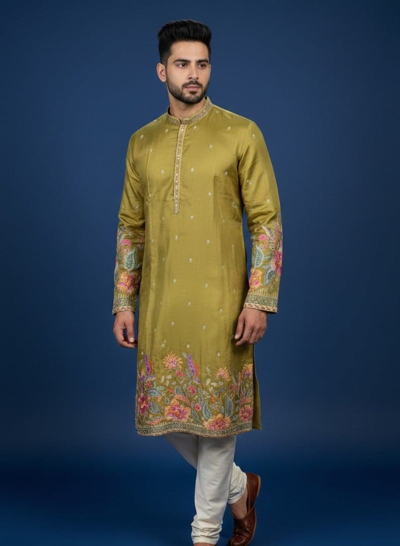 Mustard Floral Embroidered Silk Kurta Set - Image 1