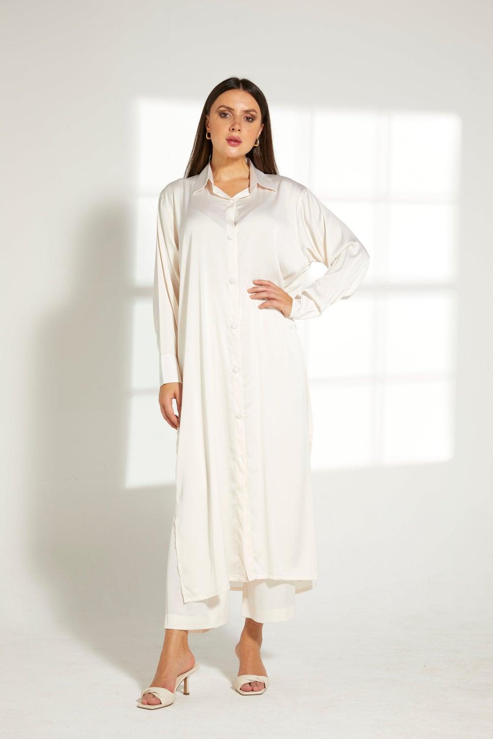 Elegant White Button Down Long Top & Pants Set - Image 1