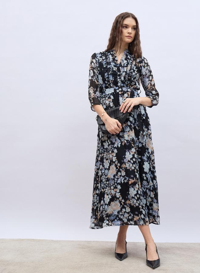 Styli Mandarin Collar Floral Maxi Dress Black Print - Image 1